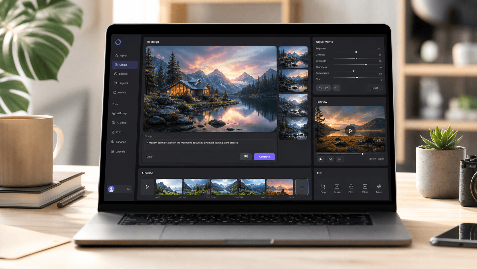 A browser-based AI creative workspace displayed on a laptop